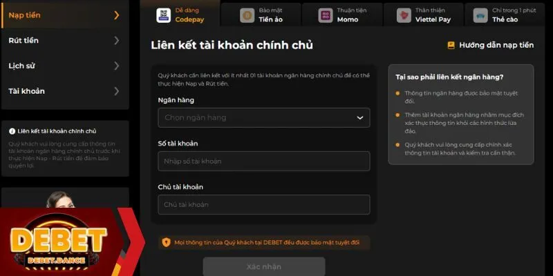 Nạp tiền DEBET qua account banking