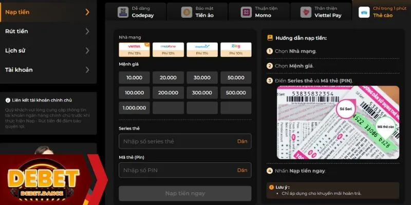 Nạp tiền DEBET với thẻ cào